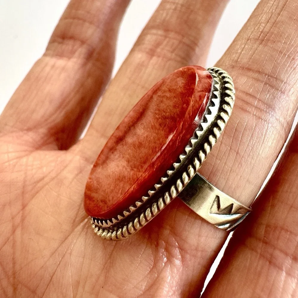 Navajo Orange Spiny Oyster Ring Sz 9 Flat Cab Sterling Signed‎ Selina Warner USA